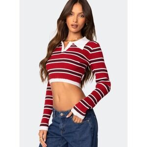 Edikted Striped Crop Top Womens S Red Ribbed Polo Y2K Retro Preppy Academia